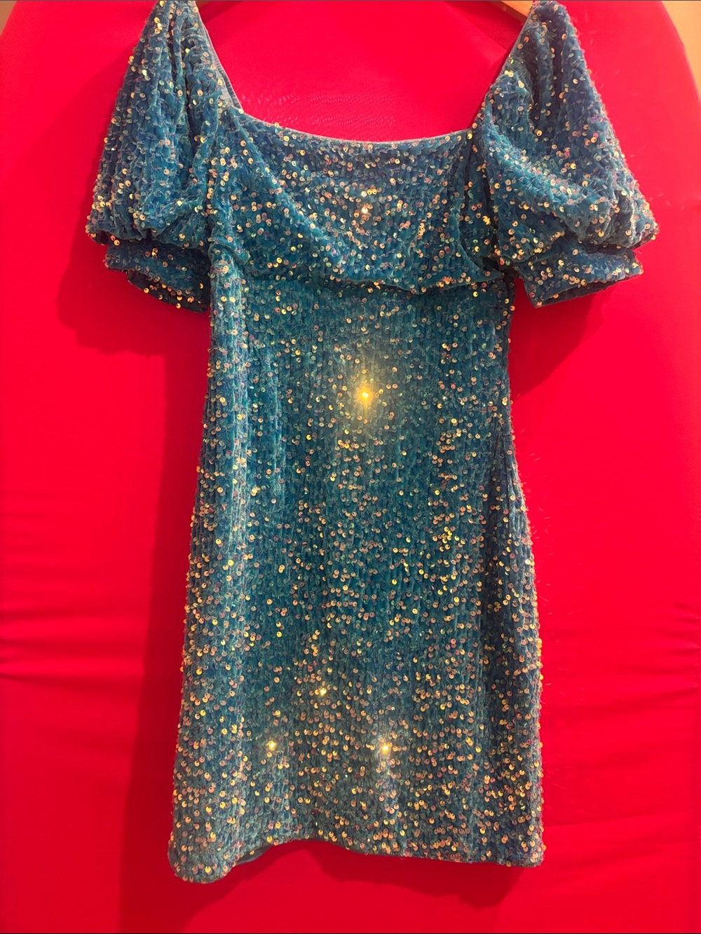 Teal Sequin Puff-Sleeve Cocktail Dress